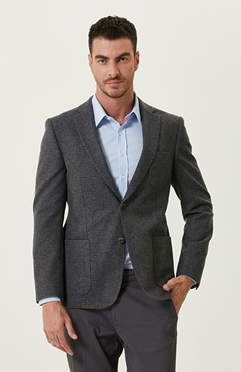 Dark Gray Checkered Wool Woven Jacket