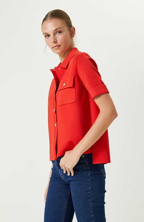 Red Shirt Collar Short Sleeve Knitwear Jacket