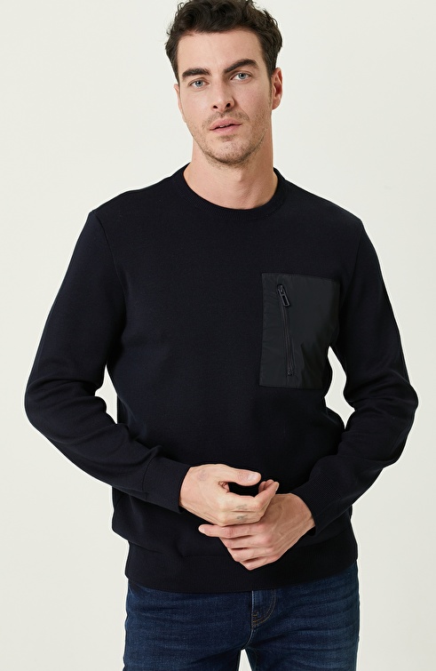 Navy Blue Zipper Detailed Sweater