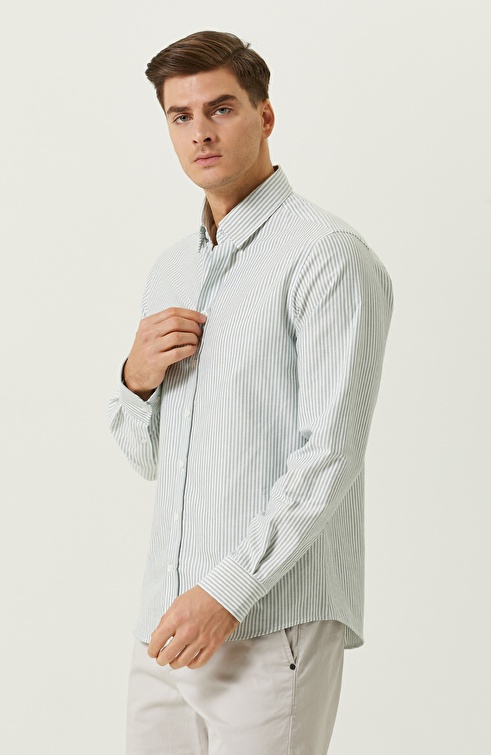 Green-White Striped Long Sleeve Shirt