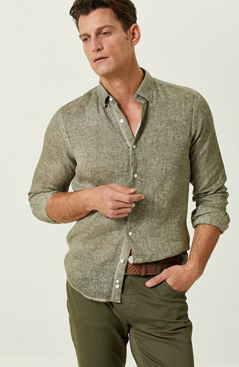 Khaki Long Sleeve Linen Shirt