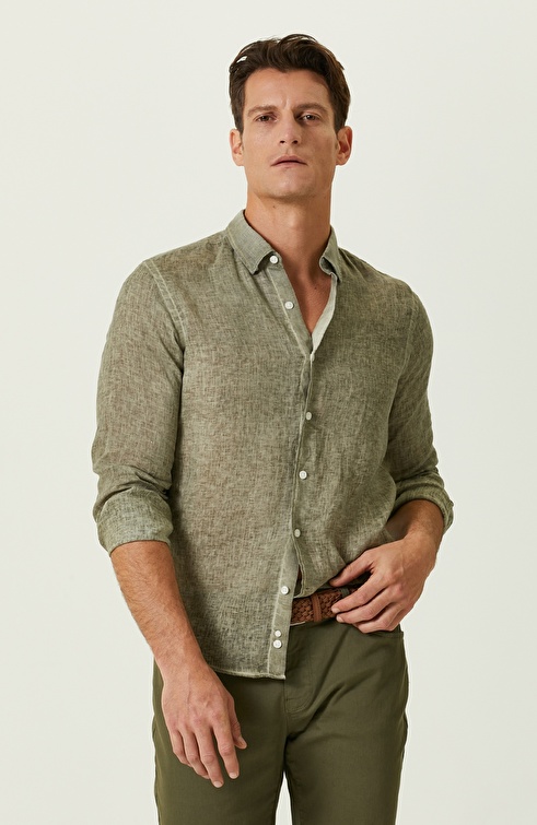 Khaki Long Sleeve Linen Shirt