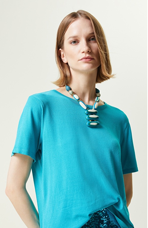 Turquoise Short Sleeve Crew Neck Sweater