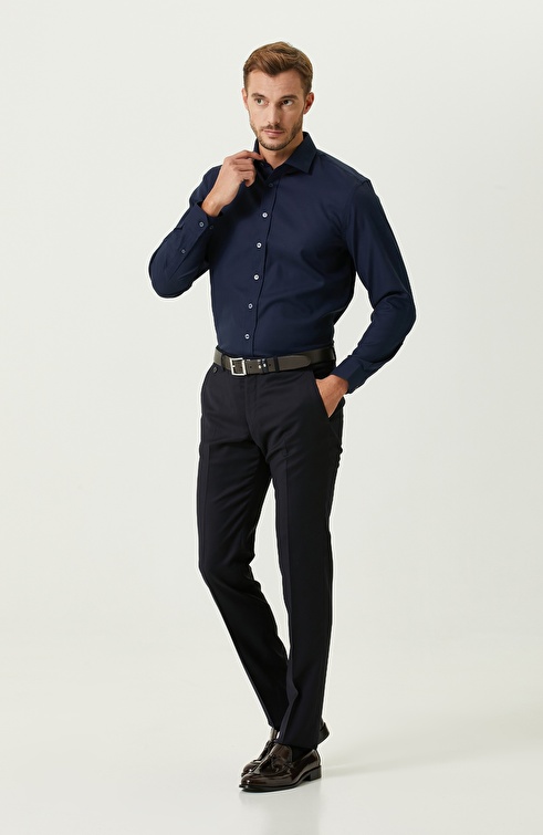 Slim Fit Navy Blue Wool Trousers