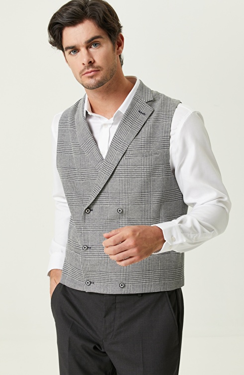 Navy Blue-Ecru Double Breasted Collar Plaid Vest