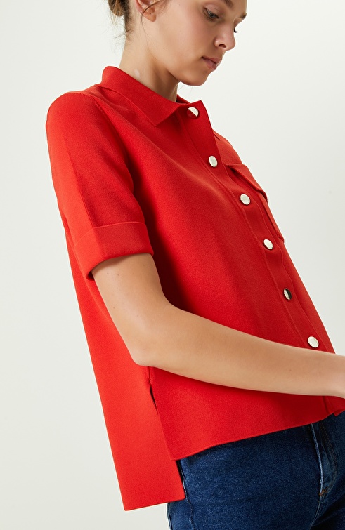 Red Shirt Collar Short Sleeve Knitwear Jacket