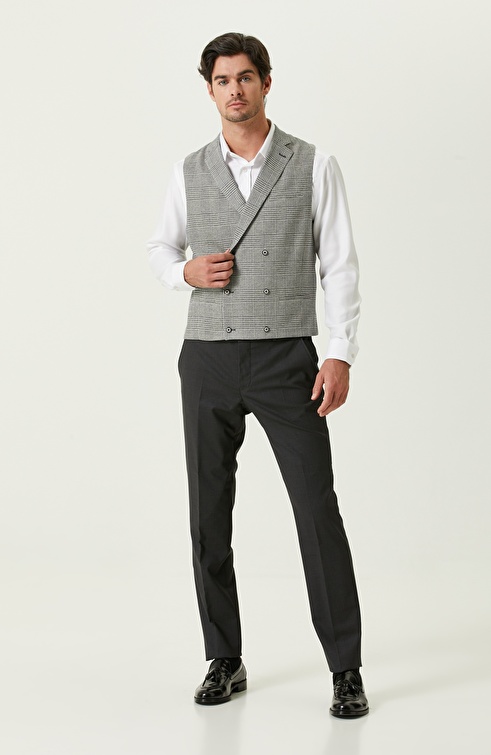 Navy Blue-Ecru Double Breasted Collar Plaid Vest