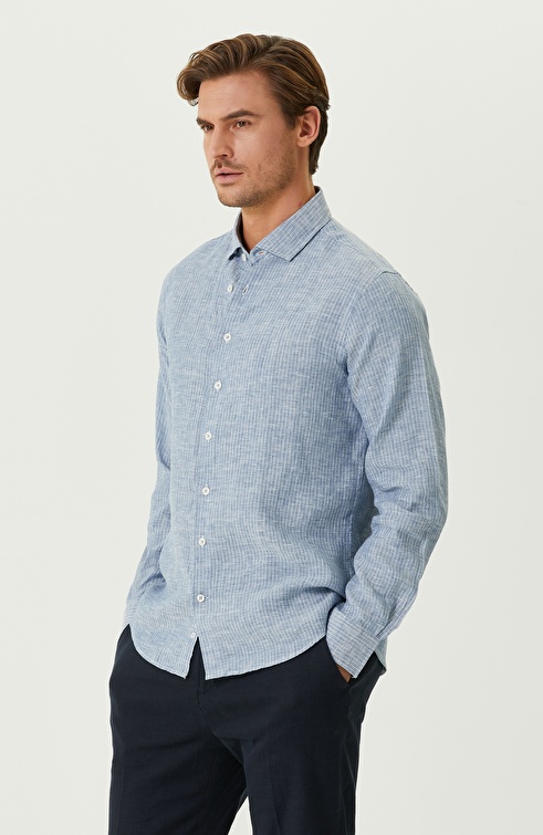 Comfort Fit Blue Linen Shirt