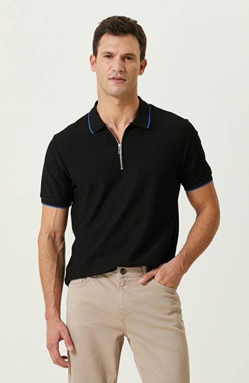 Black Zippered Polo Neck T-Shirt