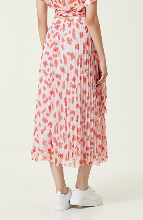 Pomegranate Flower White Patterned Pleated Midi Skirt