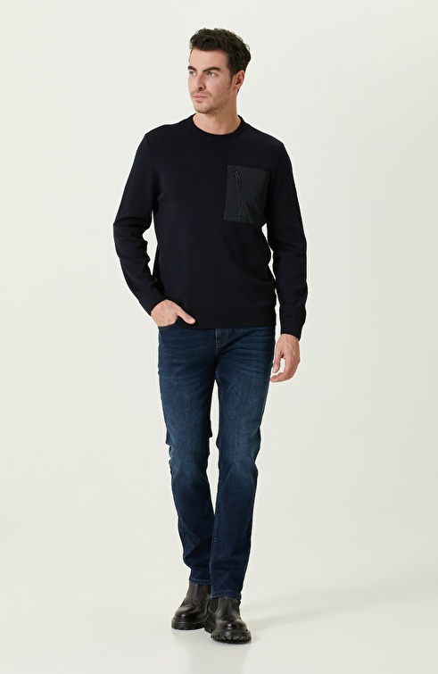 Navy Blue Zipper Detailed Sweater