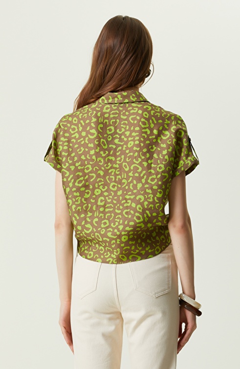 Khaki Patterned Short Sleeve Blouse