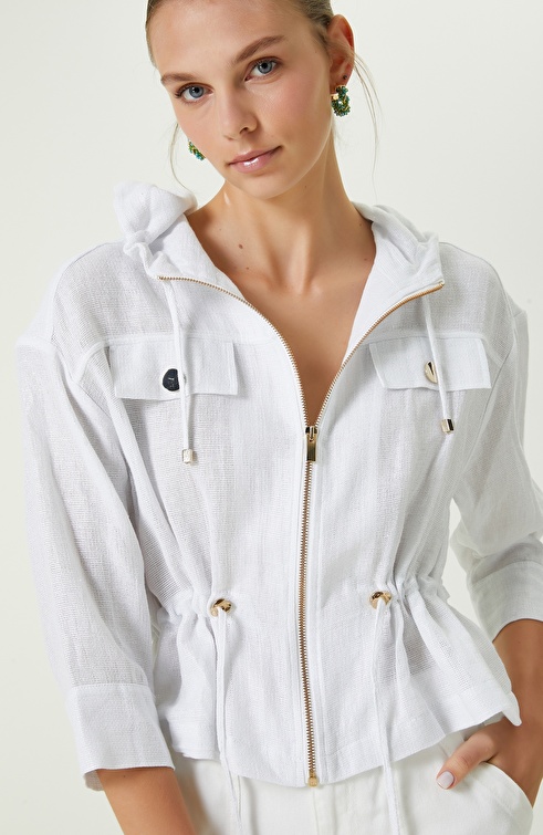 White Hooded Waist Drawstring Jacket