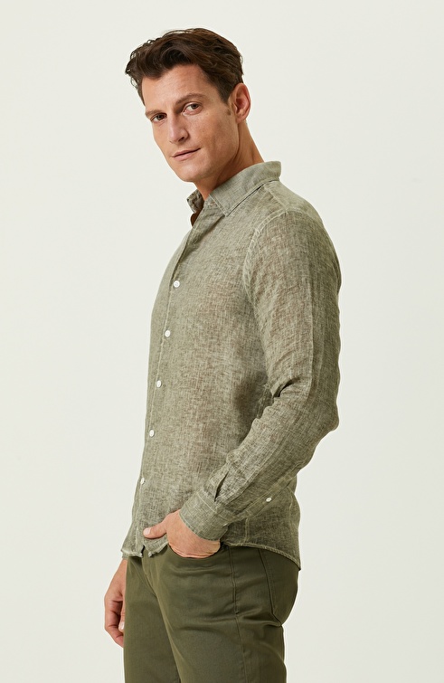 Khaki Long Sleeve Linen Shirt