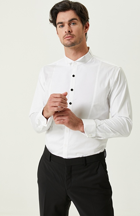 Slim Fit White Satin Tuxedo Shirt