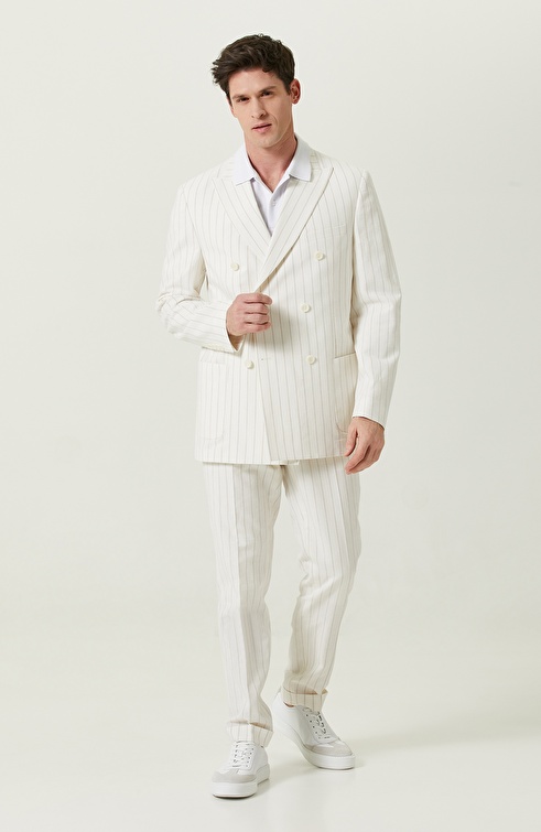 Ecru Striped Double Breasted Suit