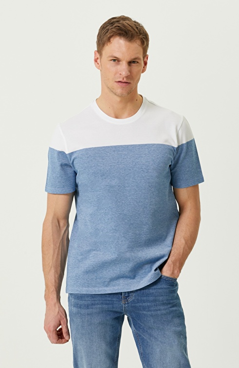 Turquoise White Short Sleeve Crew Neck T-shirt