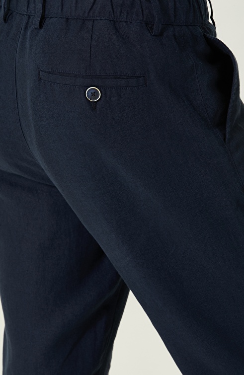 Navy Blue Straight Leg Linen Trousers