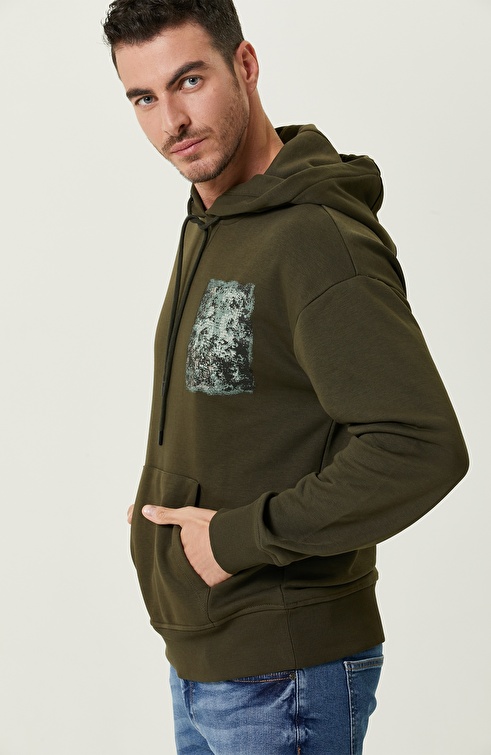 Khaki Hooded Combed Cotton Sweatshirt