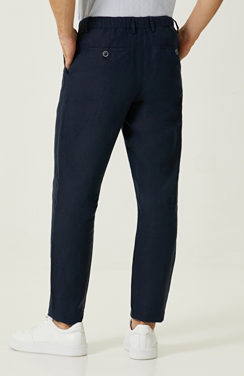 Navy Blue Straight Leg Linen Trousers