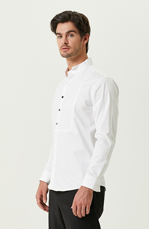 Slim Fit White Satin Tuxedo Shirt