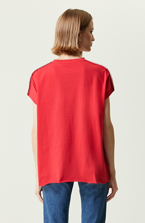 Red Crew Neck Cotton Patterned T-Shirt