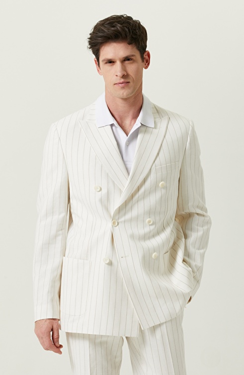 Ecru Striped Double Breasted Suit