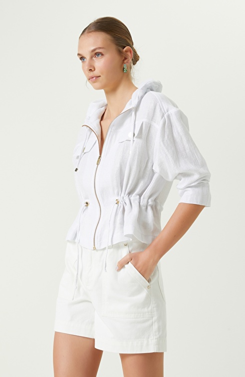 White Hooded Waist Drawstring Jacket