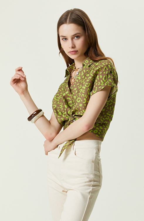 Khaki Patterned Short Sleeve Blouse