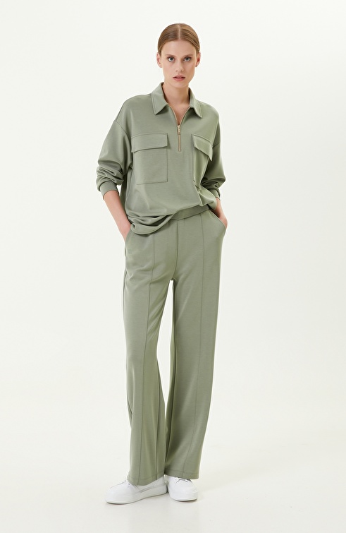 Seam Detail Open Khaki Wide Leg Tracksuit