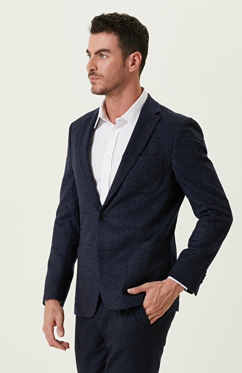 Navy Checkered Wool Woven Jacket