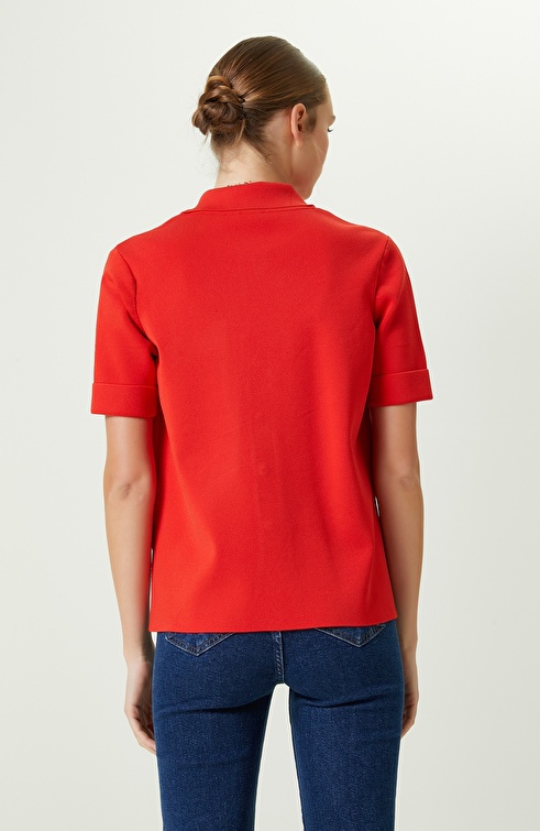 Red Shirt Collar Short Sleeve Knitwear Jacket