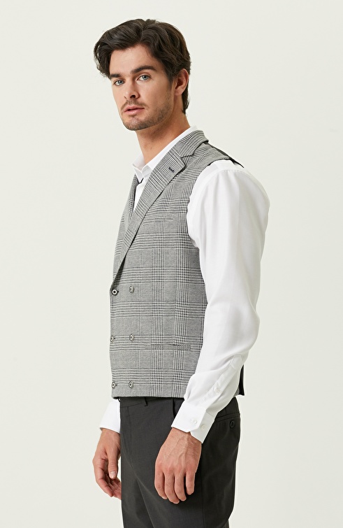 Navy Blue-Ecru Double Breasted Collar Plaid Vest