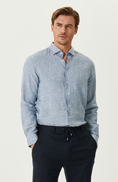 Comfort Fit Blue Linen Shirt