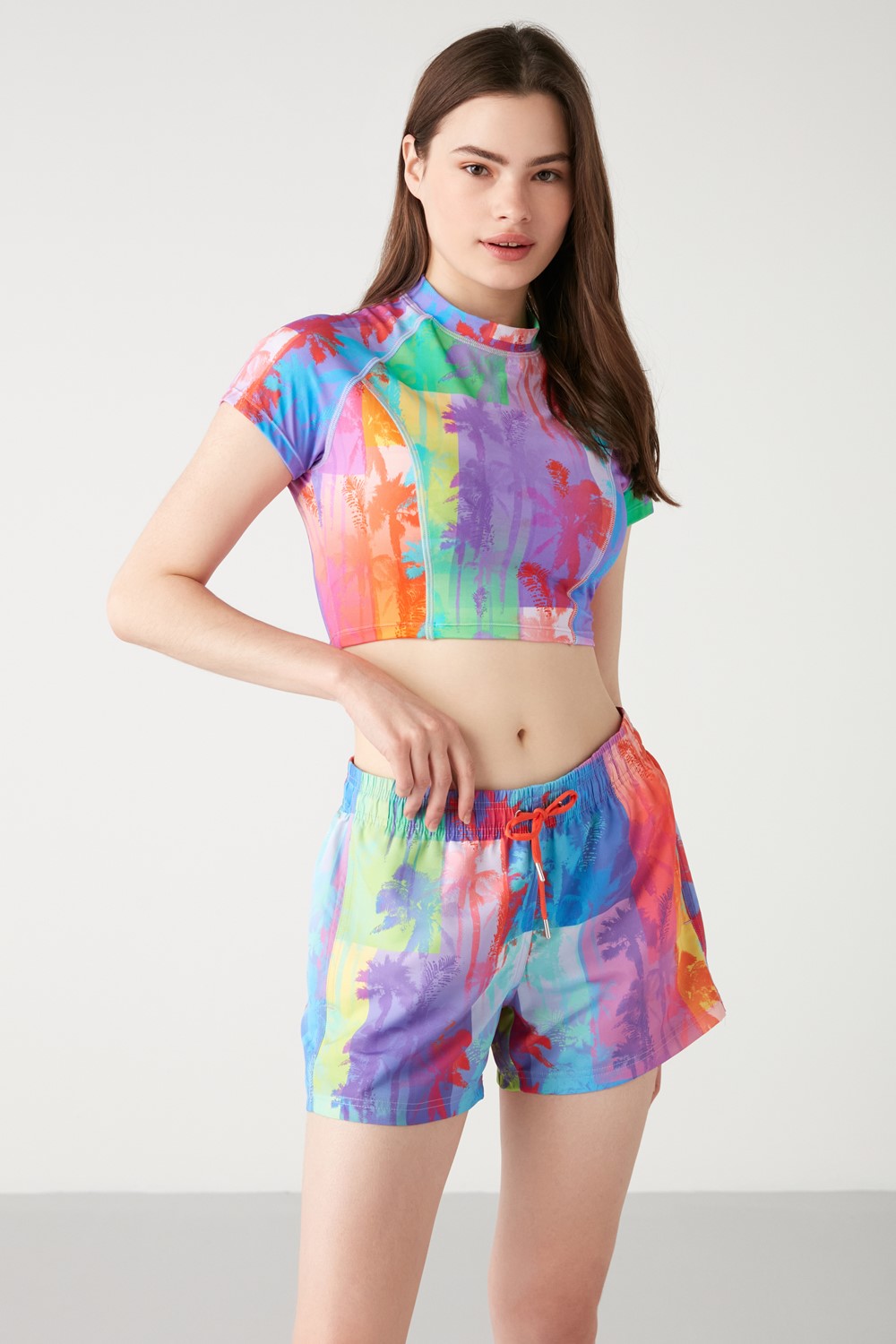 Fest Palm Pattern Elastic Waist Shorts