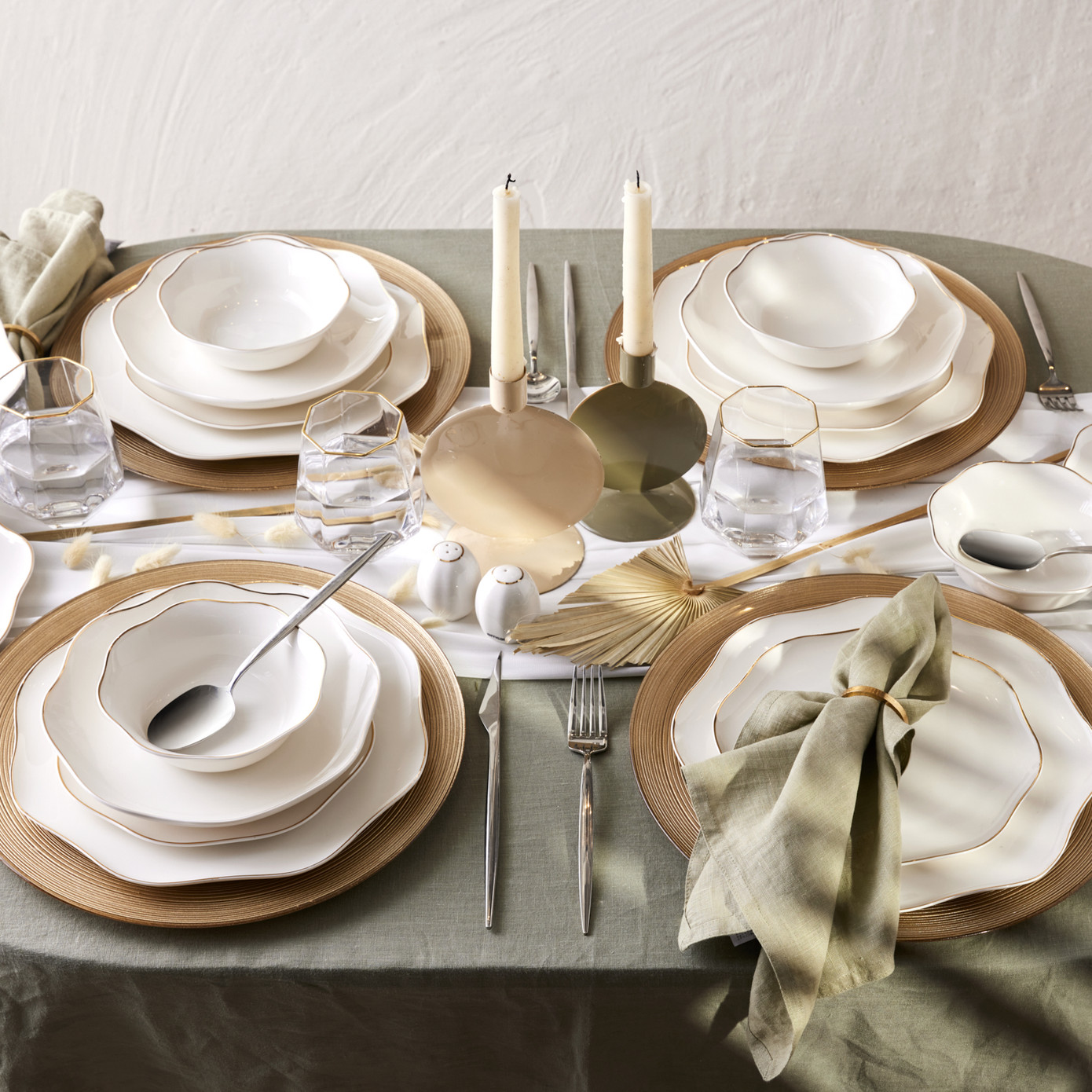 Emsan Lotus Fine Bone 53 Pieces Dinnerware Set For 12 People Gold