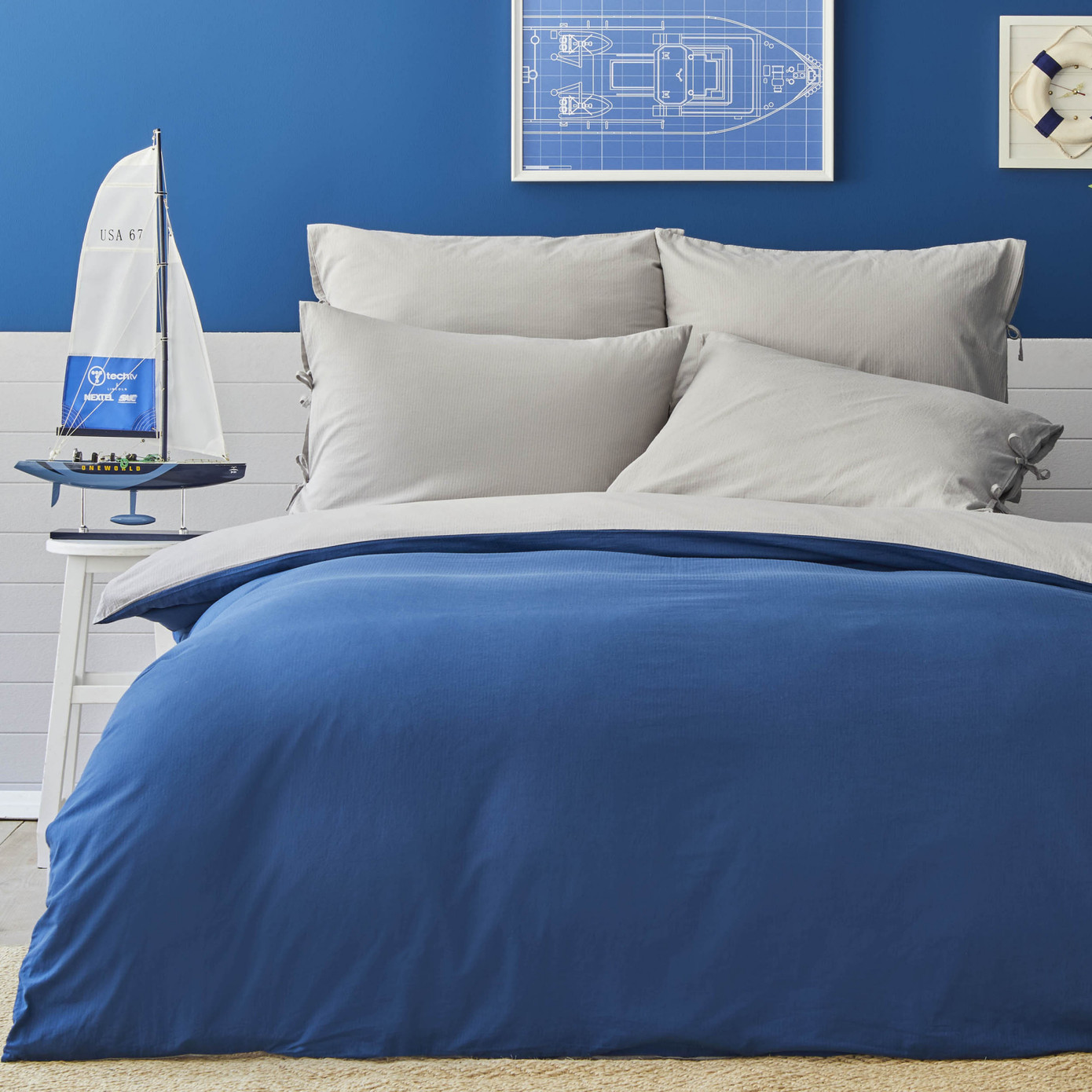 Nautica Home Bow Gray Navy Blue Double Sided Double Duvet Cover & Pillow Set