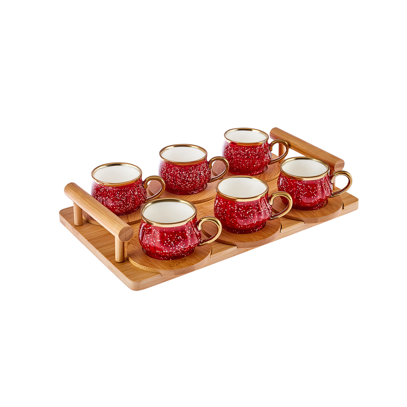 Karaca Bamboo Set Of 6 Red Coffee Cups With Tray 90 Ml