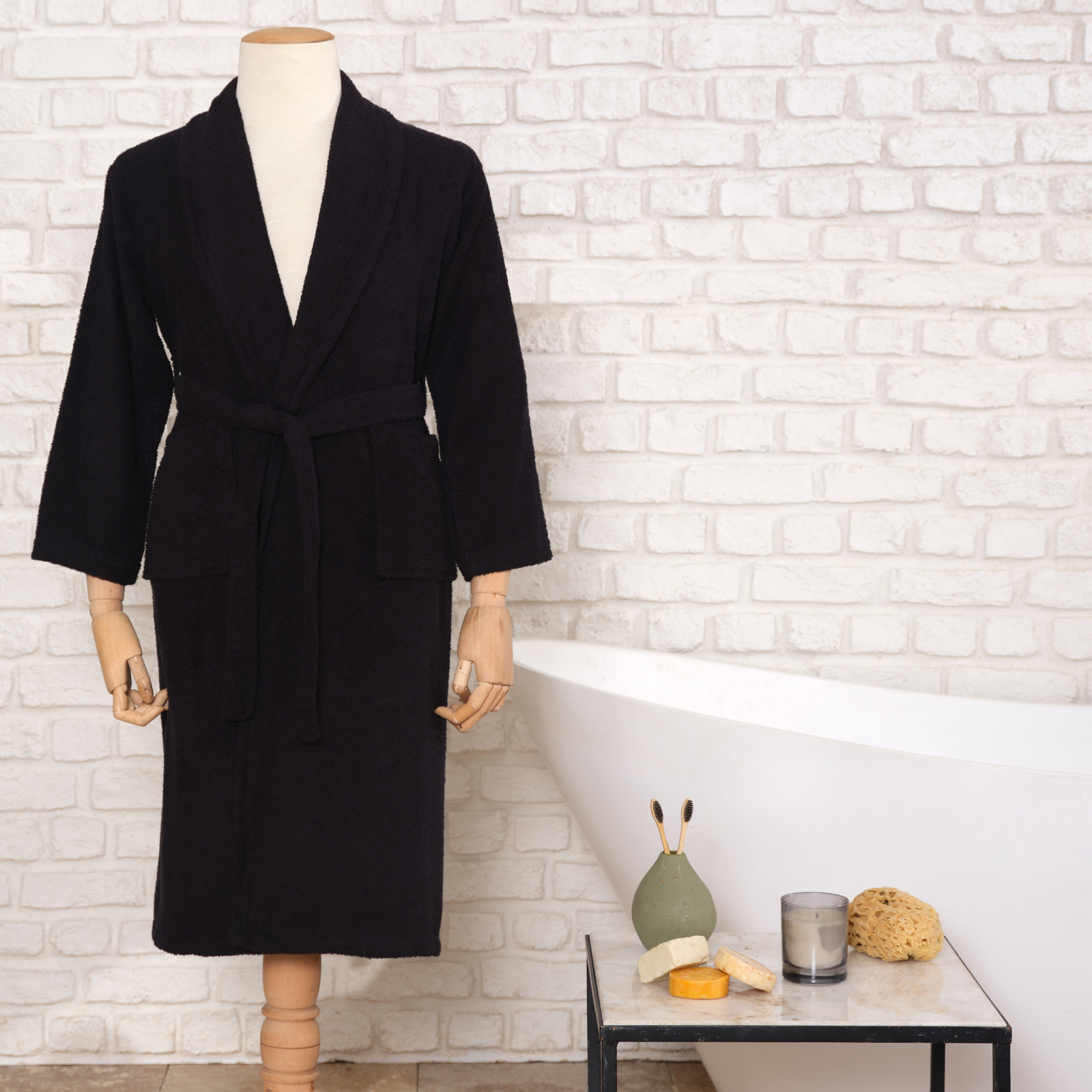 Karaca Home Daily Soft Black 100% Cotton Womens Bathrobe S/M