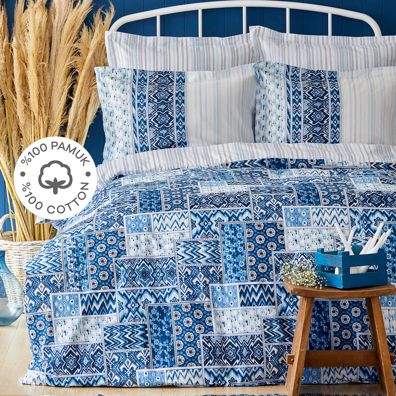 Karaca Home Pietra Blue 100% Cotton Double Duvet Cover Set