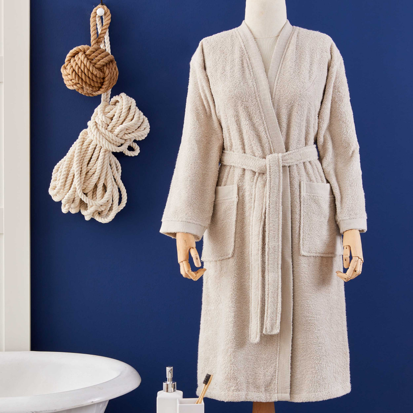 Nautica Home Bow Beige 100% Cotton Bathrobe S/M