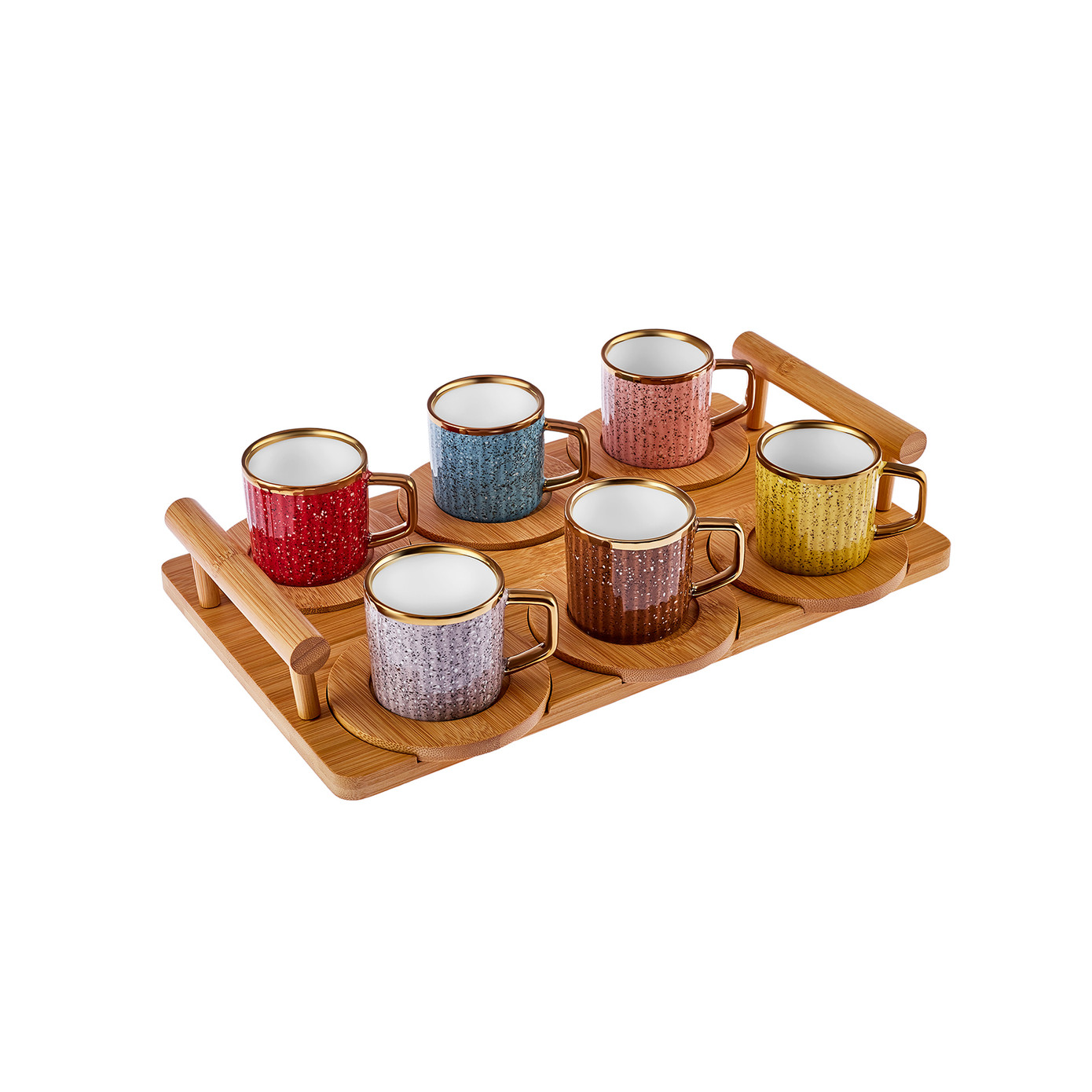 Karaca Bamboo Set Of 6 Colorful Coffee Cups With Tray 90 Ml