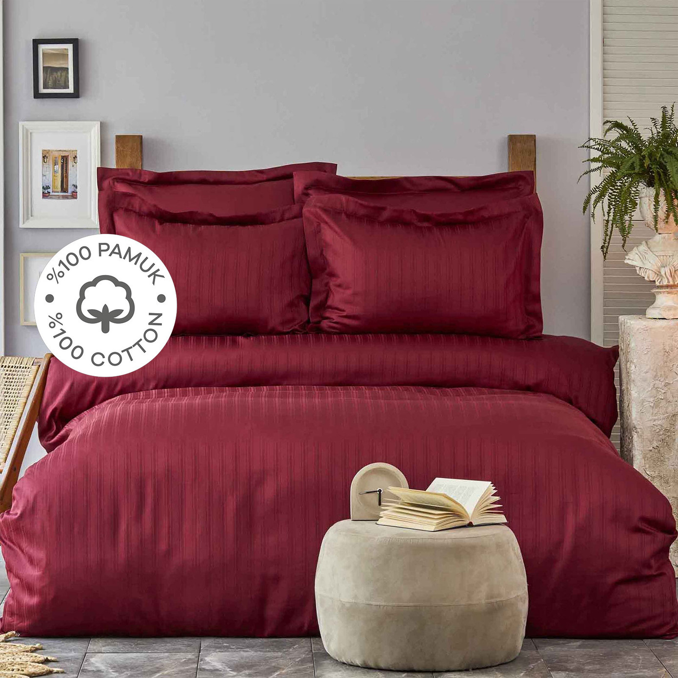 Karaca Home Charm Bold Claret Red 100% Cotton Satin Single Duvet Cover Set