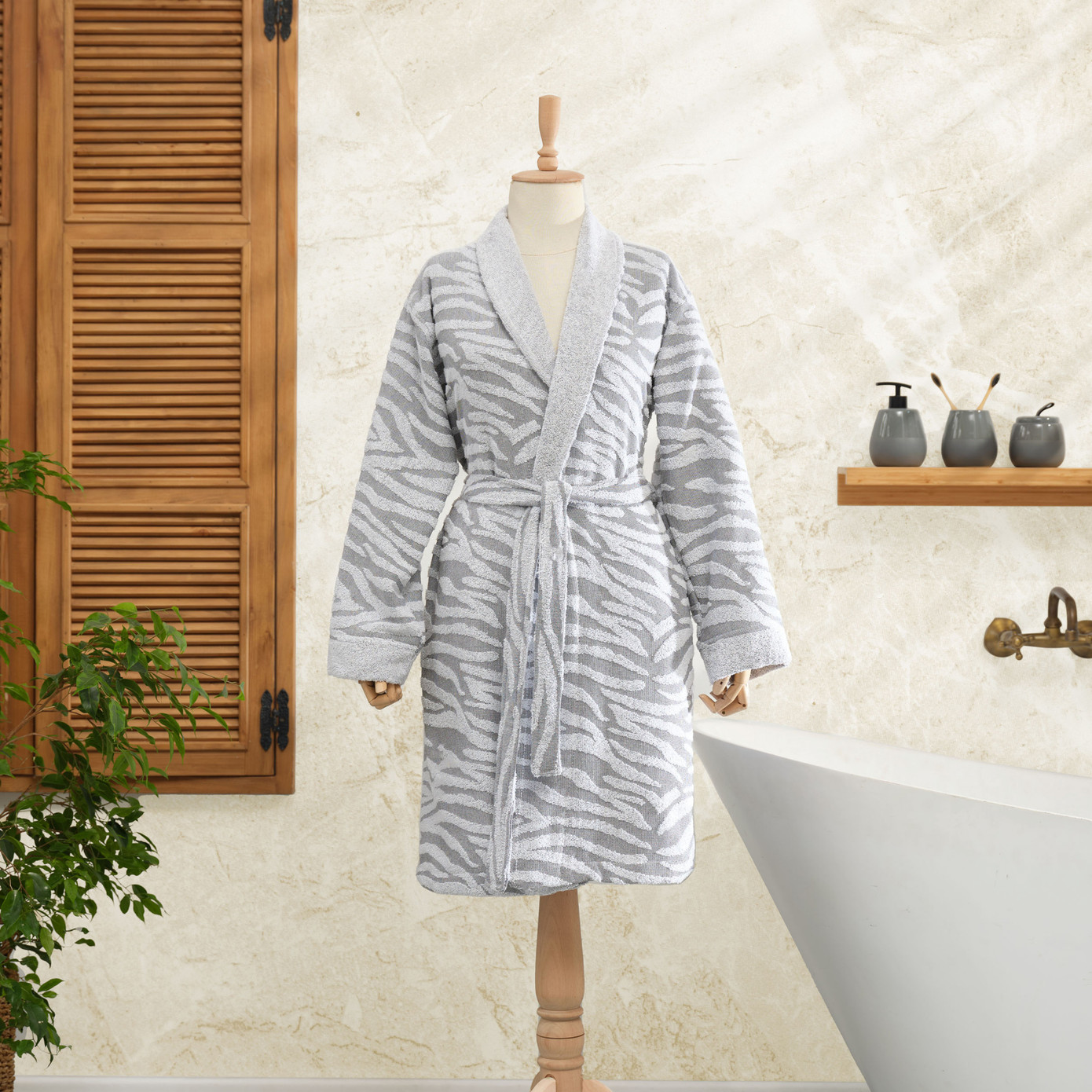 Karaca Home Zebra Gray 100% Cotton Bathrobe X/XL