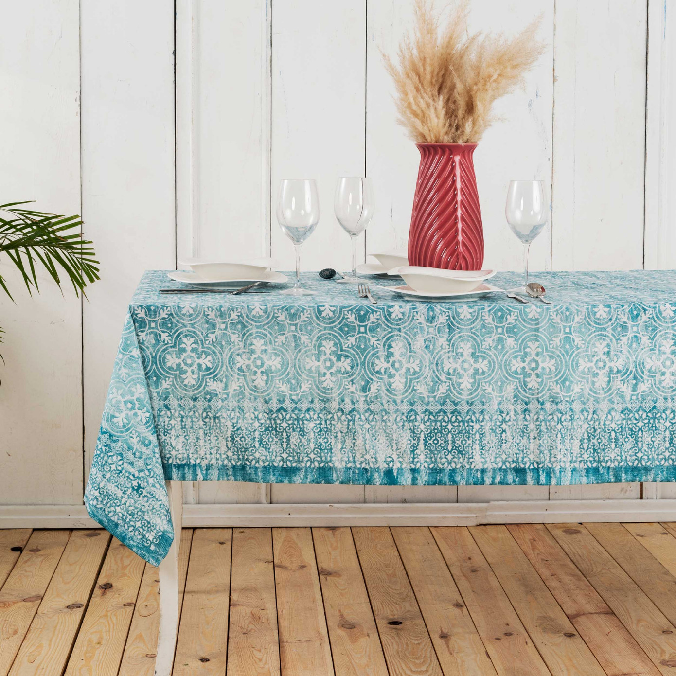 Karaca Home Despina Turquoise Printed Table Cloth 150 Cm X 240 Cm