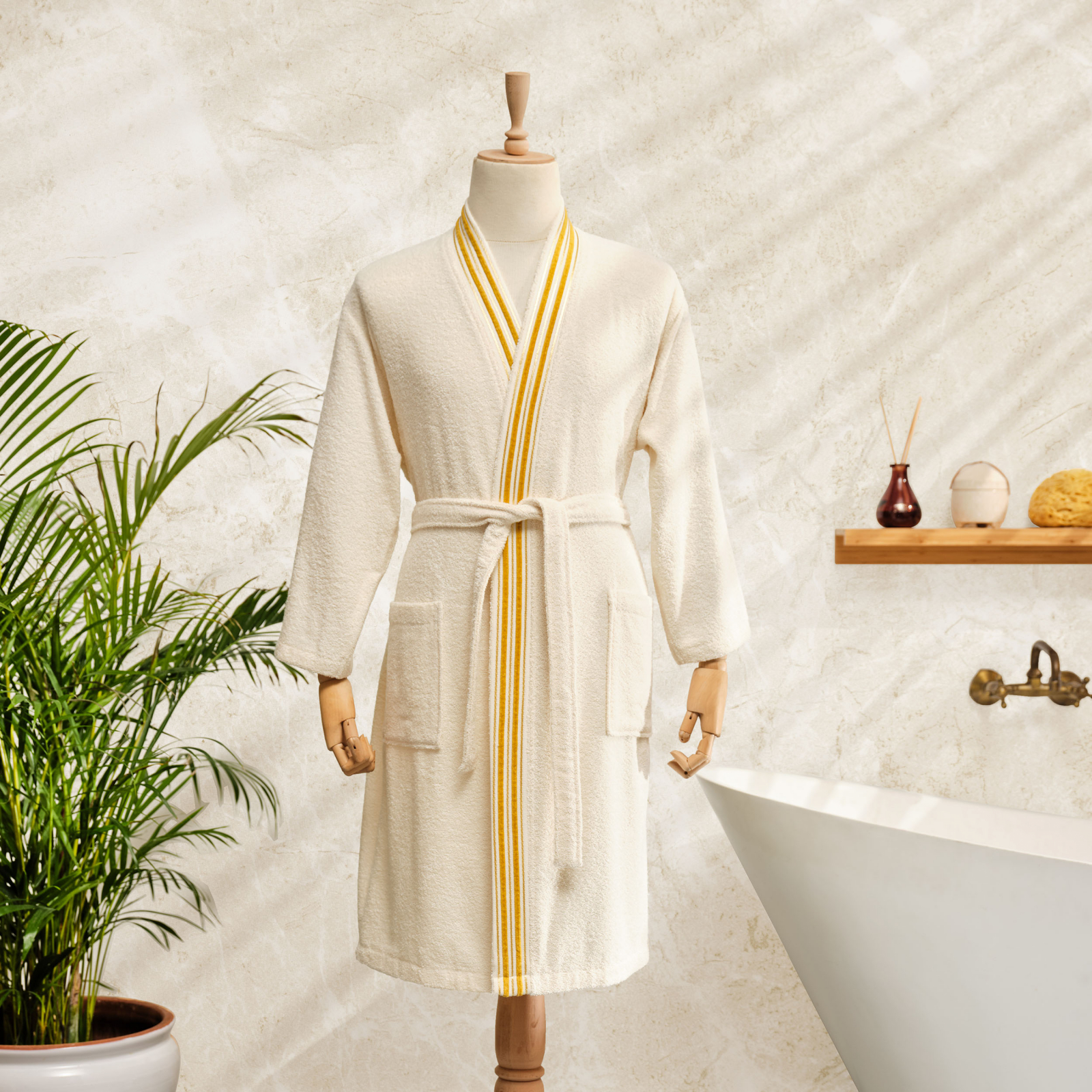 Karaca Home Minka Off White/ Gold Sonil 100% Cotton Bathrobe X/XL