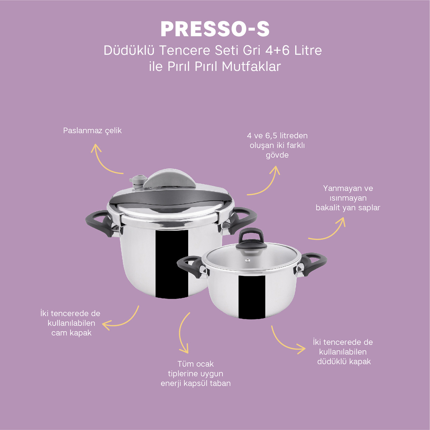 Emsan Presso-S Gray Pressure Cooker Set 4+6 Lt