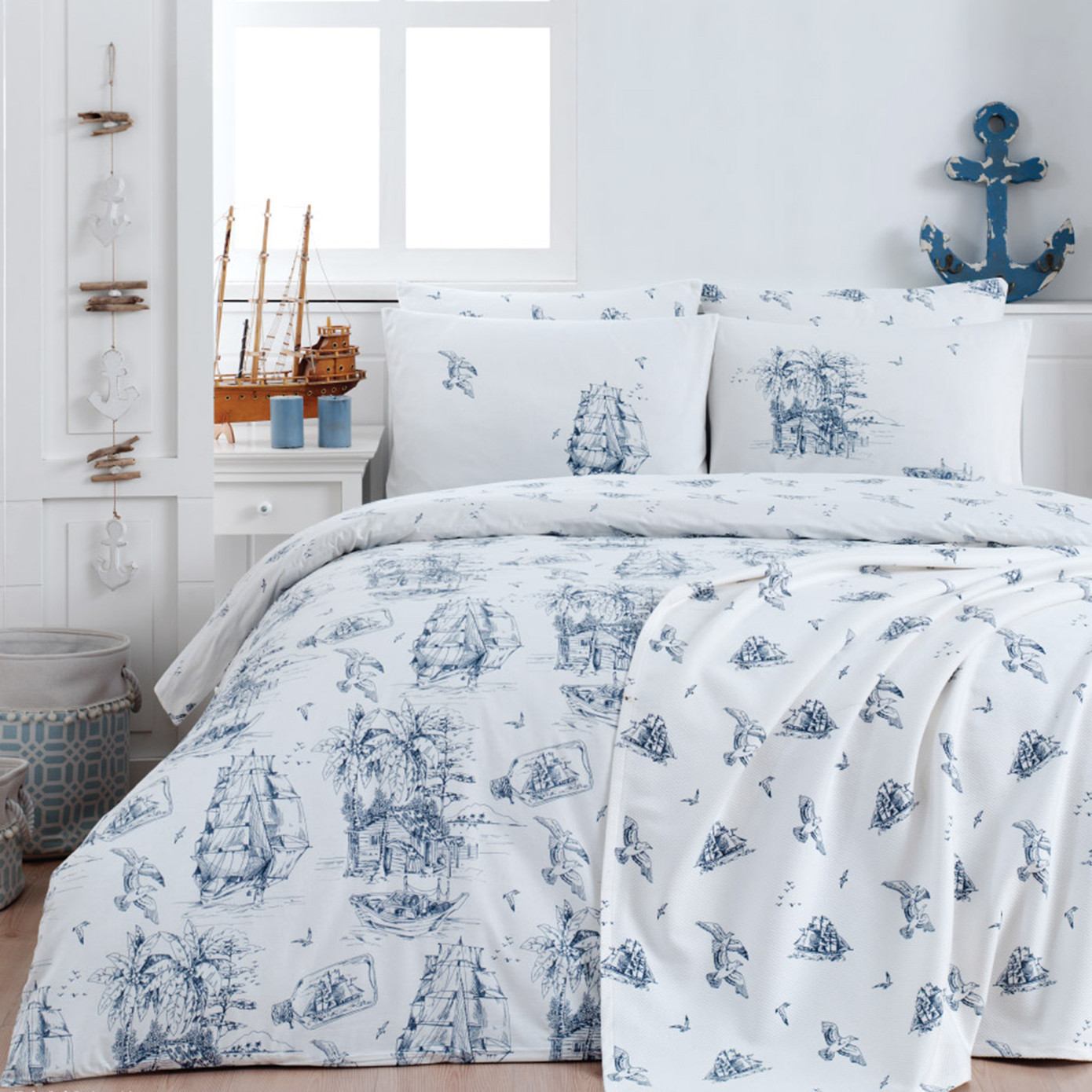 Sarah Anderson Poseidon Blue 100% Cotton Double Duvet Cover Set