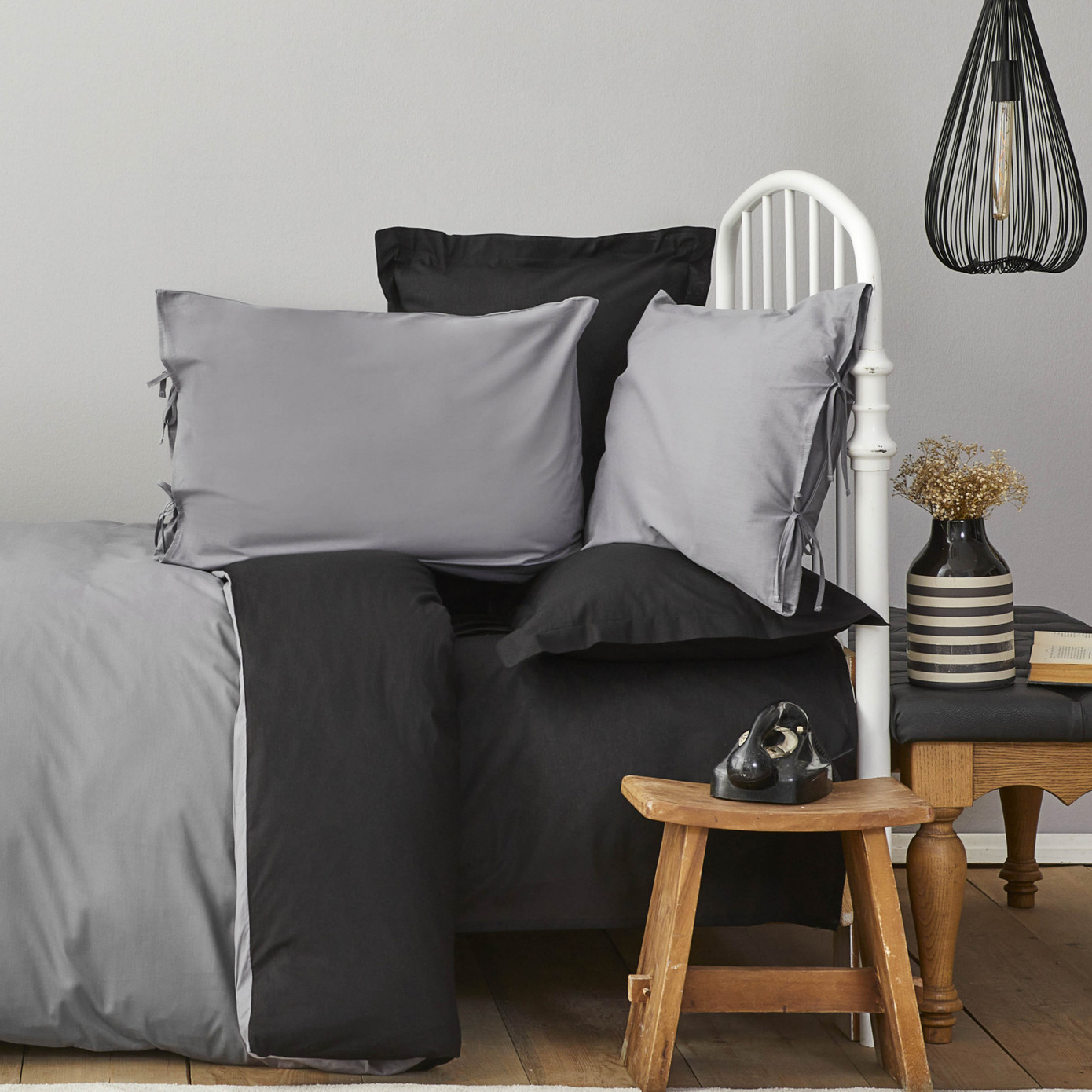 Karaca Home Basic Black Dark Gray 100% Cotton Double Sided Single Duvet Cover Set