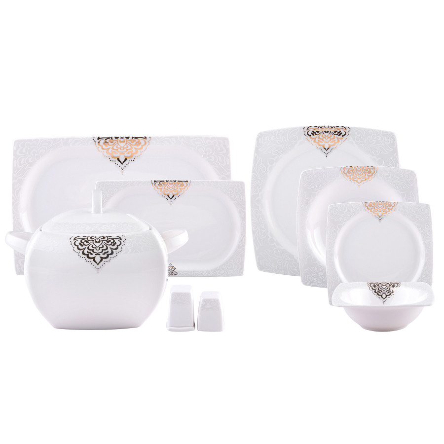 Emsan Fine Bone Fiore Gold 61 Pieces Square Dinnerware Set For 12 Persons